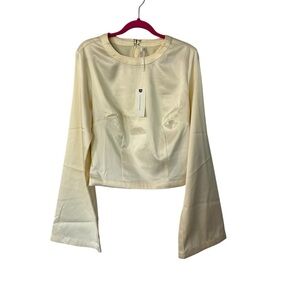 Anthropologie Women’s Long Bell Sleeve Satin Ivory Crewneck Blouse Sz XXS NWT